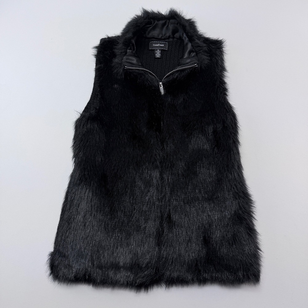 Confess Black Faux Fur Vest Knit Back Zip Up Sleeveless Jacket Medium